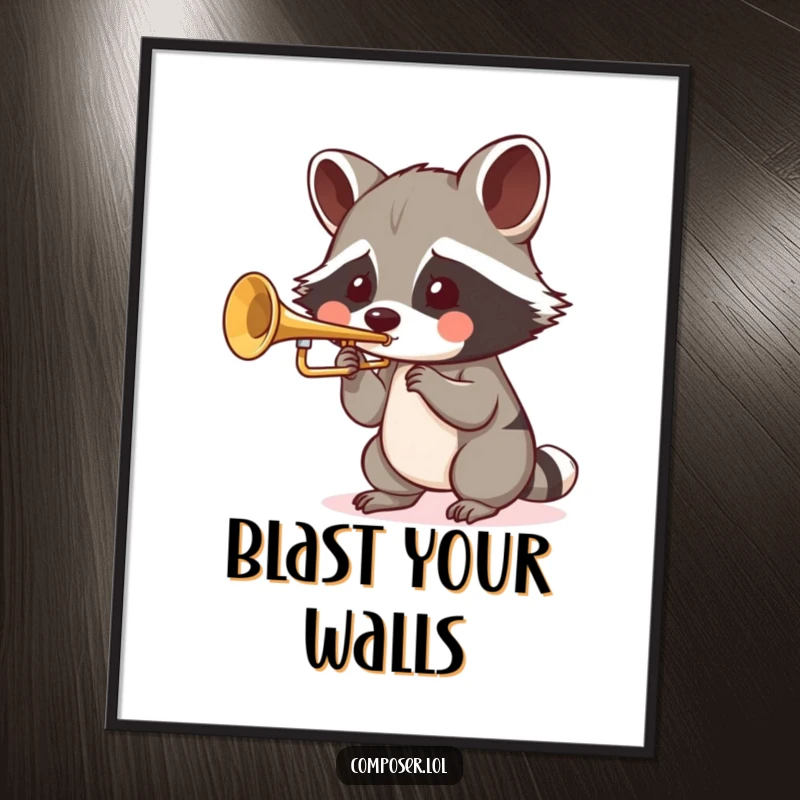 Funny Raccoon Trumpet Digital Art Print: a playful raccoon blows into a tiny trumpet with puffed cheeks, humorous art.