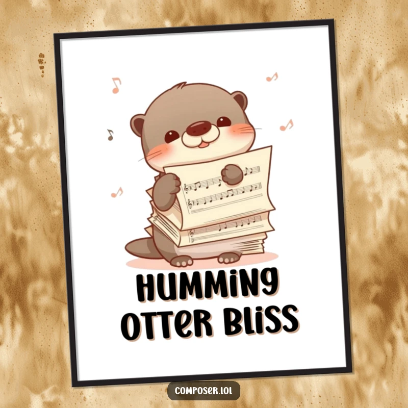 Funny digital art print of a shy otter peeking from behind sheet music, humming happily, ideal for instant, serene wall decor.