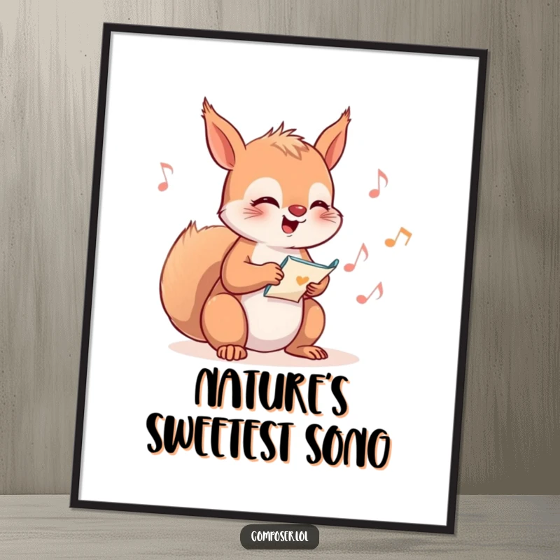 Funny Squirrel Composer Digital Art Print, a cheerful squirrel giggling while composing a musical score with notes flying.