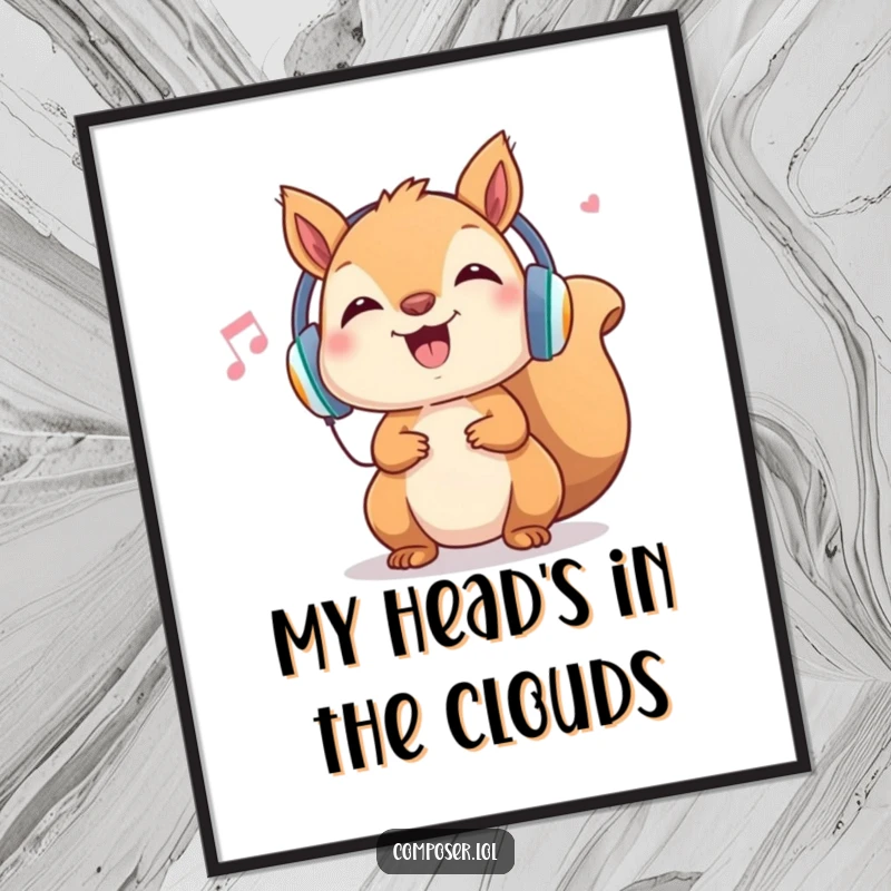 Funny Squirrel Digital Art: Cheerful rodent with headphones, head bopping to unheard melody, vibrant and humorous print