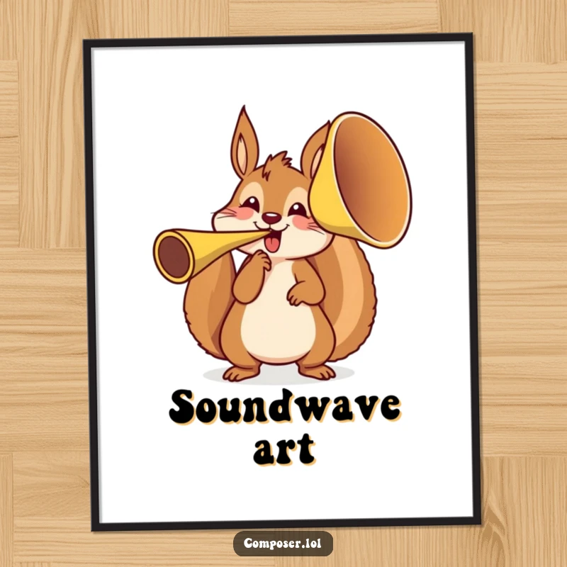 Funny, energetic squirrel character playing a large French horn, available as a digital art print for instant home decor.
