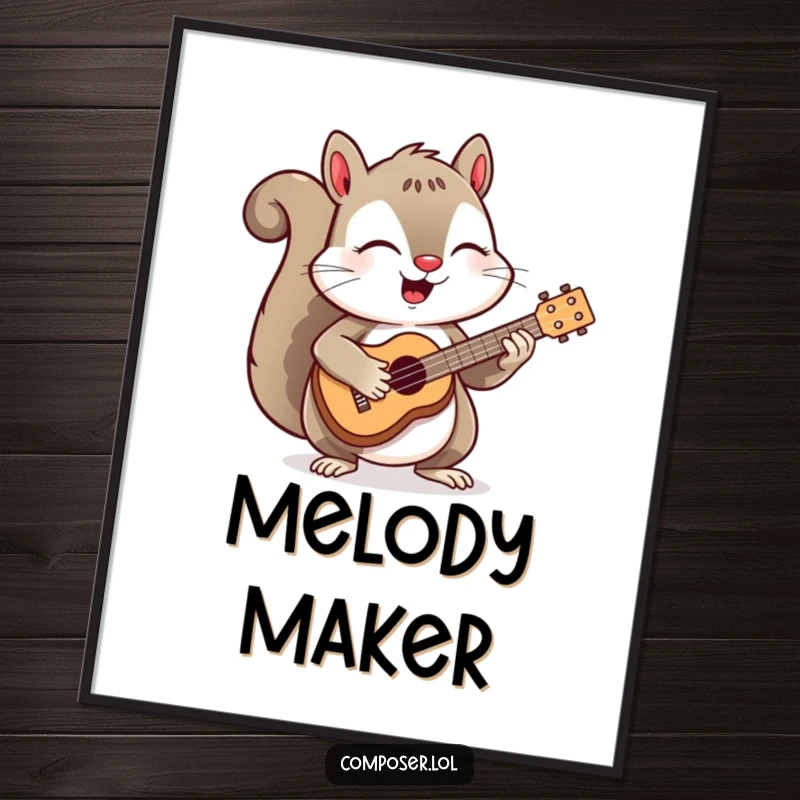 Funny digital art of a joyful squirrel enthusiastically playing a miniature ukulele, radiating happiness and musical talent.