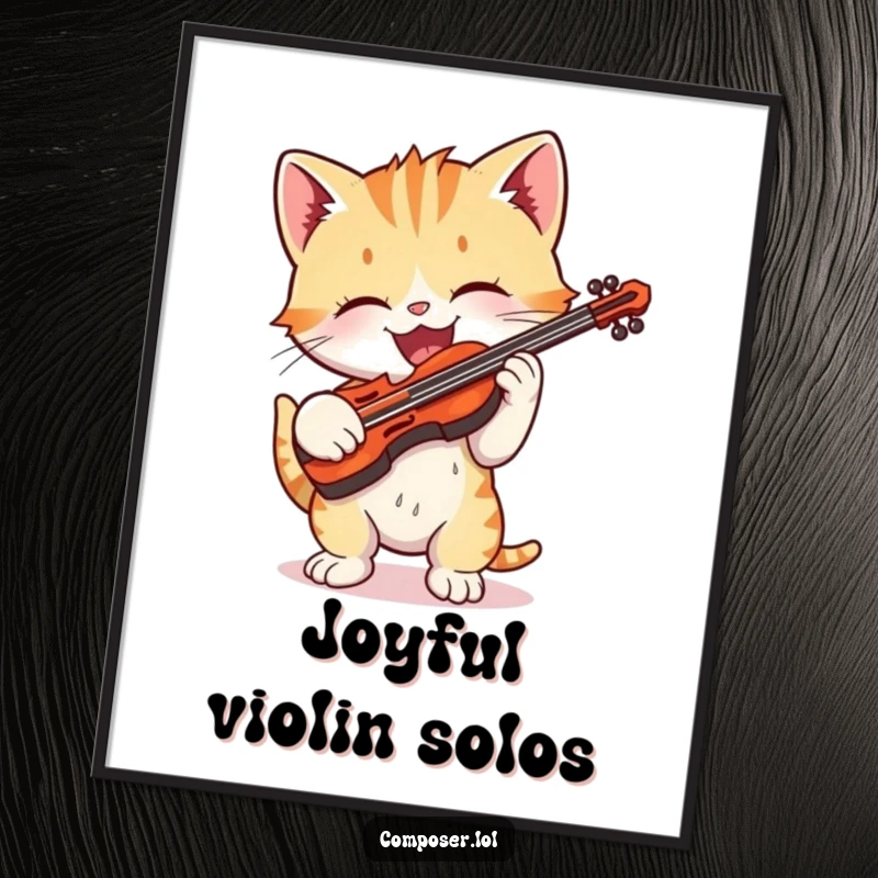 Funny cartoon kitten gleefully playing a tiny violin with exaggerated delight on a digital art print, charming musical decor.