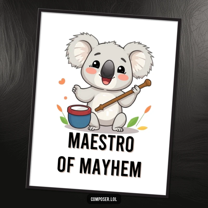 Funny Koala Digital Art Print: Koala character enthusiastically leads an orchestra with a twig baton, a lively artwork.