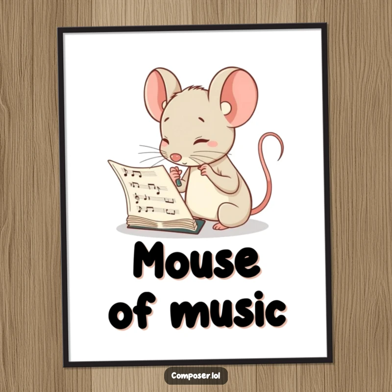 Funny digital art of a curious mouse composer peering intently at a musical score, a perfect piece for intellectual spaces.