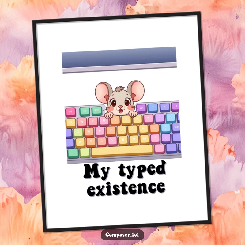 Funny Digital Art: A surprised cartoon mouse with wide eyes peeking from a giant, colorful musical keyboard, offering instant whimsy.