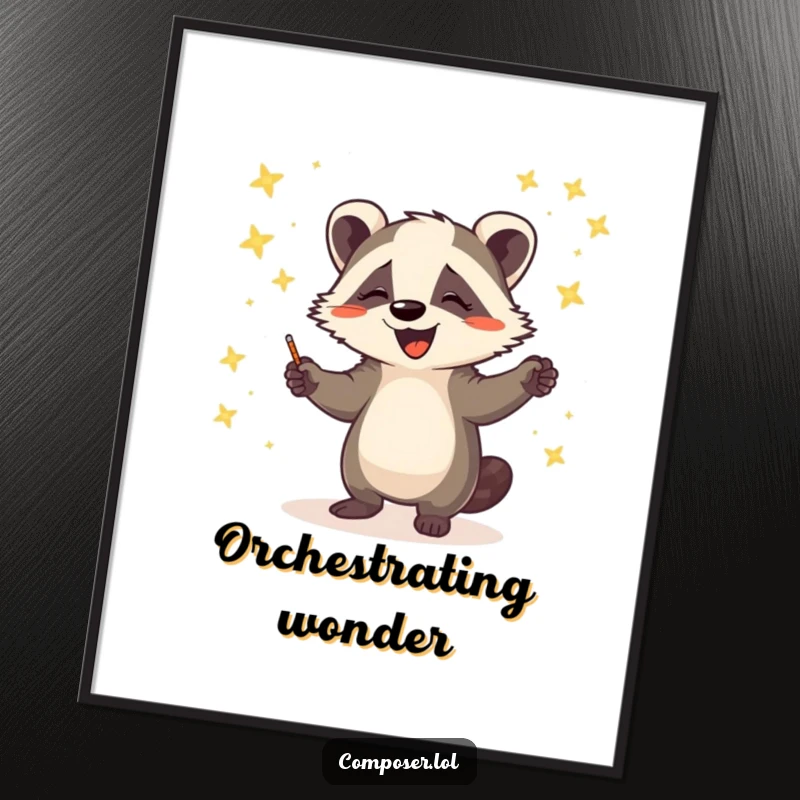 Funny digital art of a happy badger enthusiastically conducting a spectacular orchestra of bioluminescent fireflies, full of motion and light.