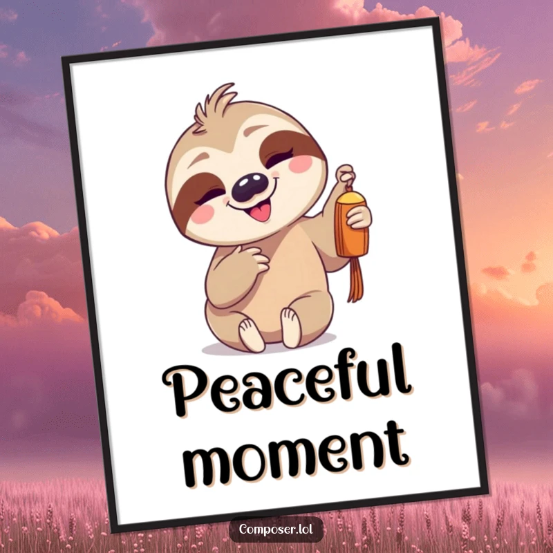 Funny, goofy sloth character gently tapping a single chime, offered as a digital art print for instant serene decor.