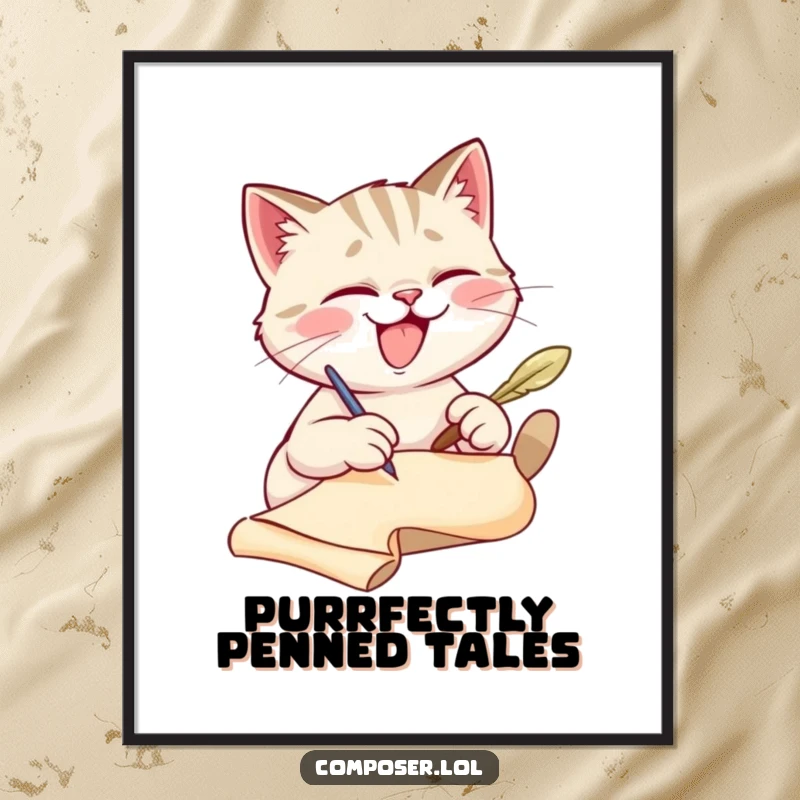 Funny cat scribe digital art print, capturing a cat’s intense focus on writing. A downloadable, funny gift.