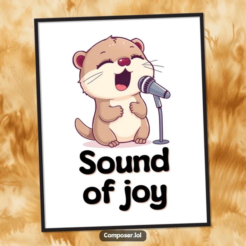 Funny, sweet otter character enthusiastically singing into a microphone, offered as a digital art print for instant decor.