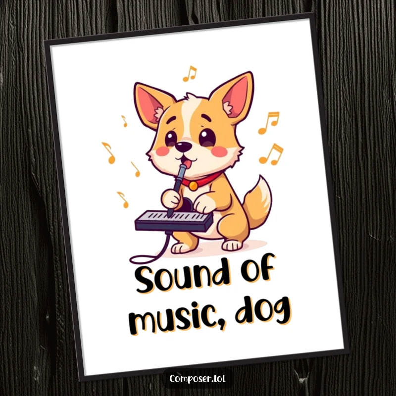 Funny digital art of a determined dog composer barking musical rhythms, tail wagging, eyes bright, a joyous piece.