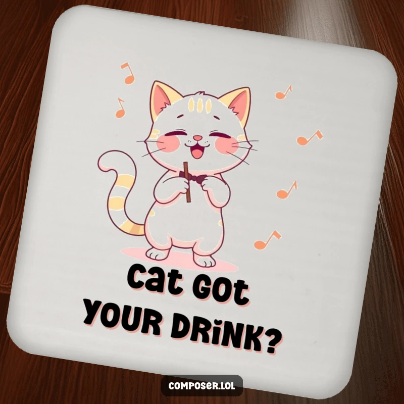 Funny cat composer drink coasters, a cat conducting with its tail, protecting surfaces with musical whimsy.