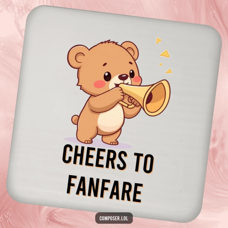 Funny drink coaster featuring a proud bear cub blowing a ridiculously large trumpet, adding musical flair and protection.