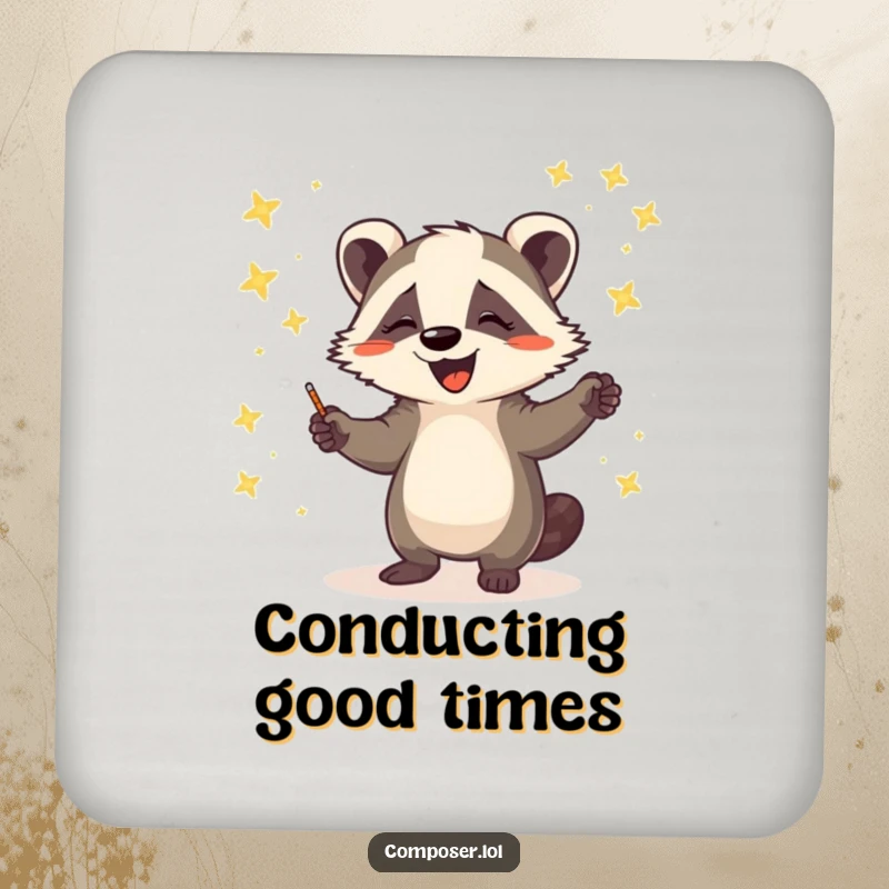 Funny coaster with a charming badger conductor orchestrating a magical concert of glowing fireflies, adding humor to any table.