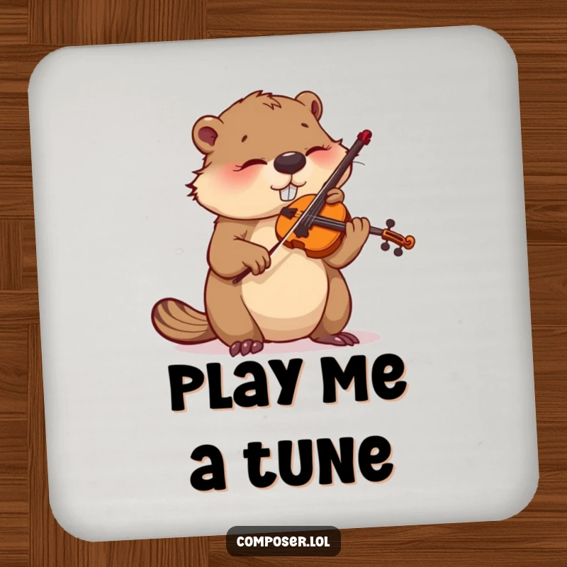 Funny drink coaster featuring a busy beaver meticulously tuning a violin, offering surface protection.