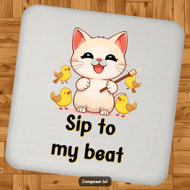Funny Cat Conductor Drink Coaster, showing a happy cat orchestrating a charming symphony of birds with a baton.