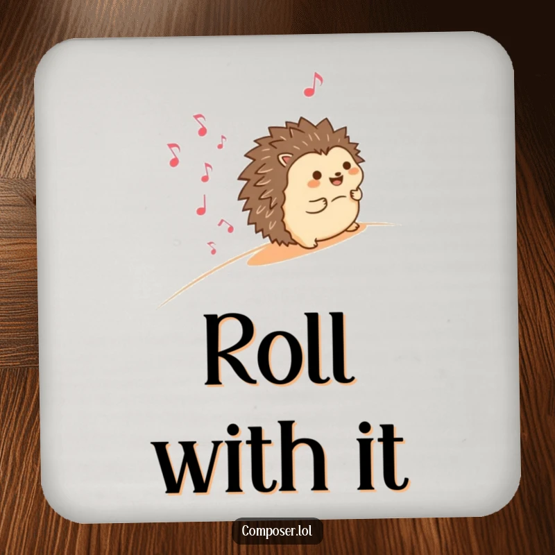Funny drink coaster featuring a happy hedgehog rolling downhill, leaving a trail of smiling musical notes, protecting surfaces with musical charm.