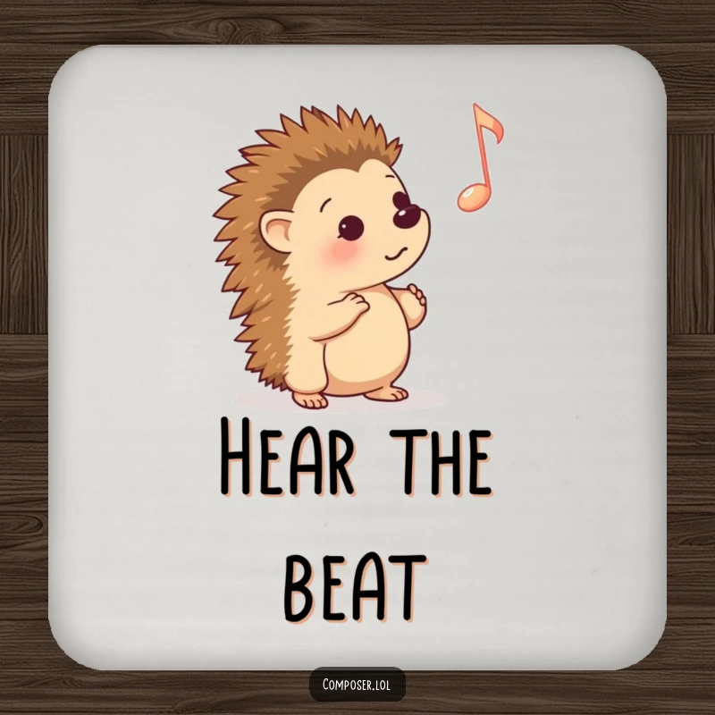 Funny Coaster: A curious cartoon hedgehog intently listening to a floating musical note, protecting surfaces with a charming musical theme.