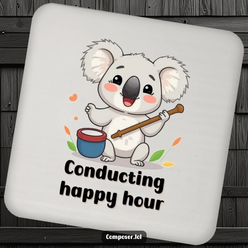 Funny Koala Coaster: Koala conductor leading orchestra with twig baton, protecting surfaces with musical flair.