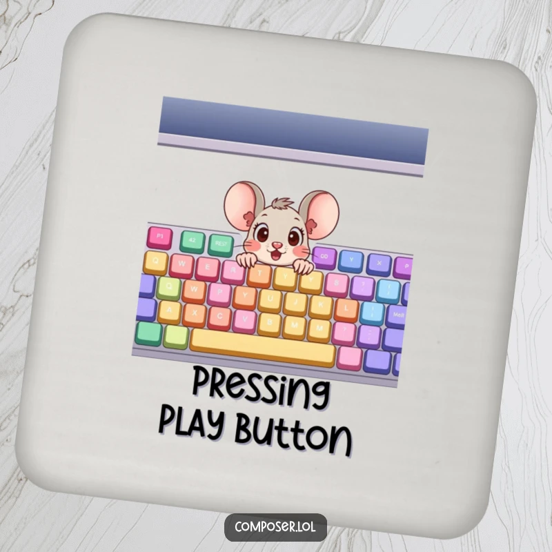 Funny Coaster: A surprised cartoon mouse peeking out of a colorful musical keyboard, adding whimsical protection to surfaces.