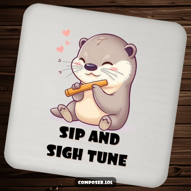 Funny drink coaster featuring a sweet otter playing a miniature flute, protecting surfaces with charm.