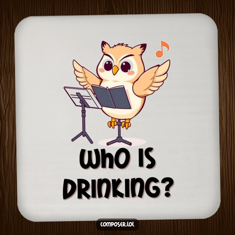 Funny owl composer drink coasters, a wise owl pointing at a music note, protecting surfaces with musical charm.