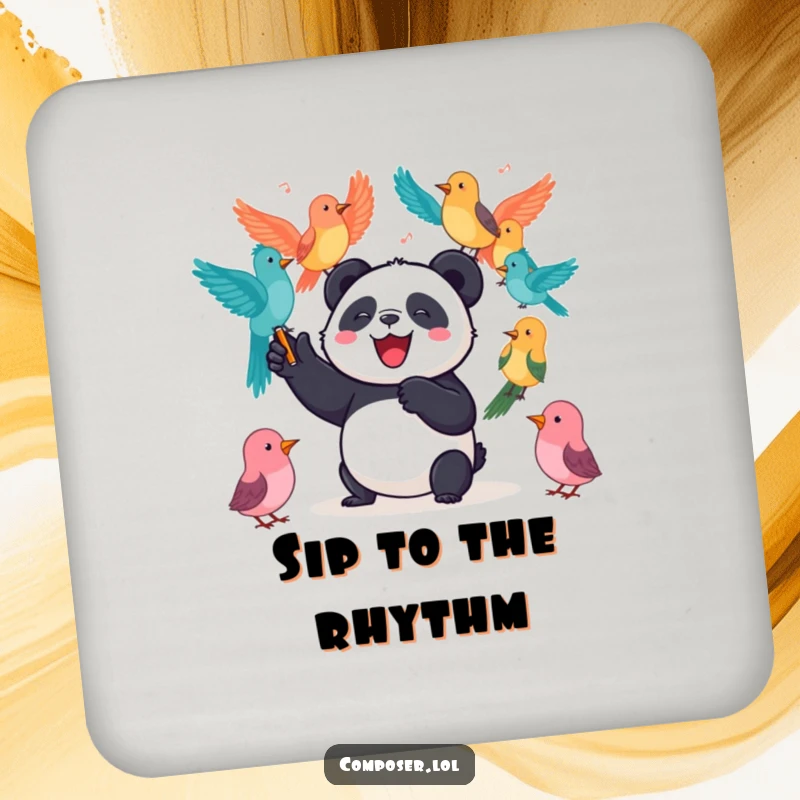 Funny Panda Drink Coaster: A joyful panda conducts birds, adding a musical and humorous touch to protect surfaces.
