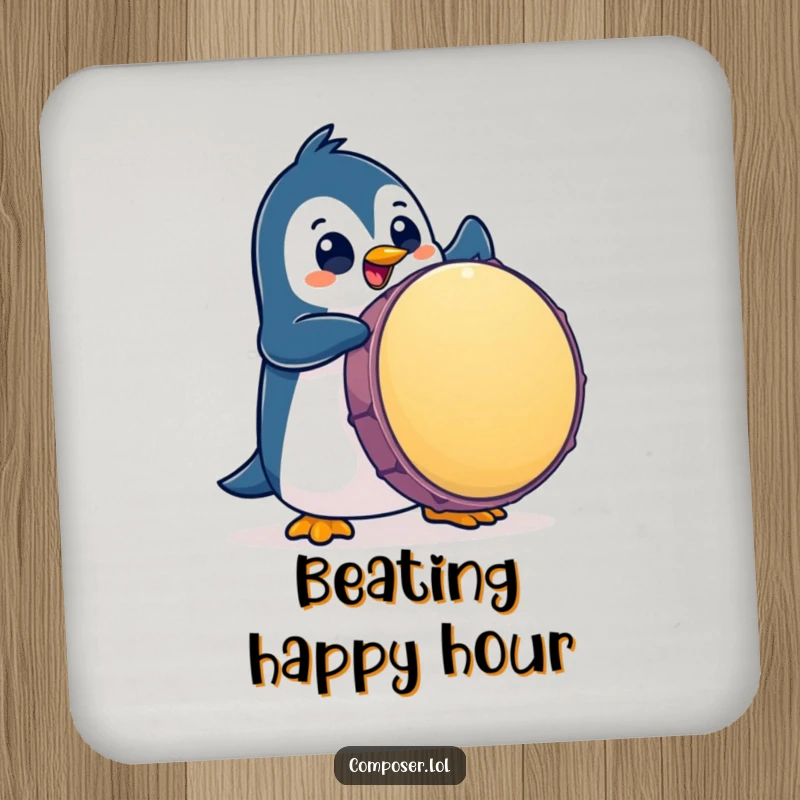 Funny Penguin Coaster: Penguin enthusiastically pounds a giant drum with big eyes, protecting surfaces with rhythm.