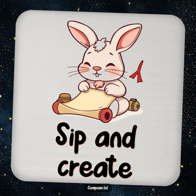 Funny rabbit writing on a scroll on a set of drink coasters. Ideal for protecting furniture.