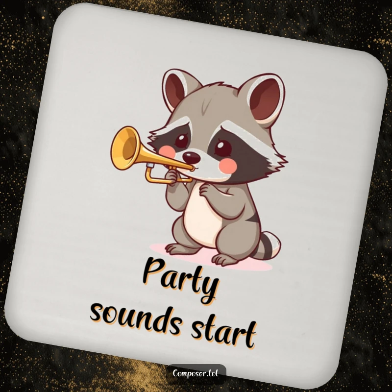 Funny Raccoon Trumpet Drink Coaster: a playful raccoon blows into a tiny trumpet with puffed cheeks, humorous accessory.