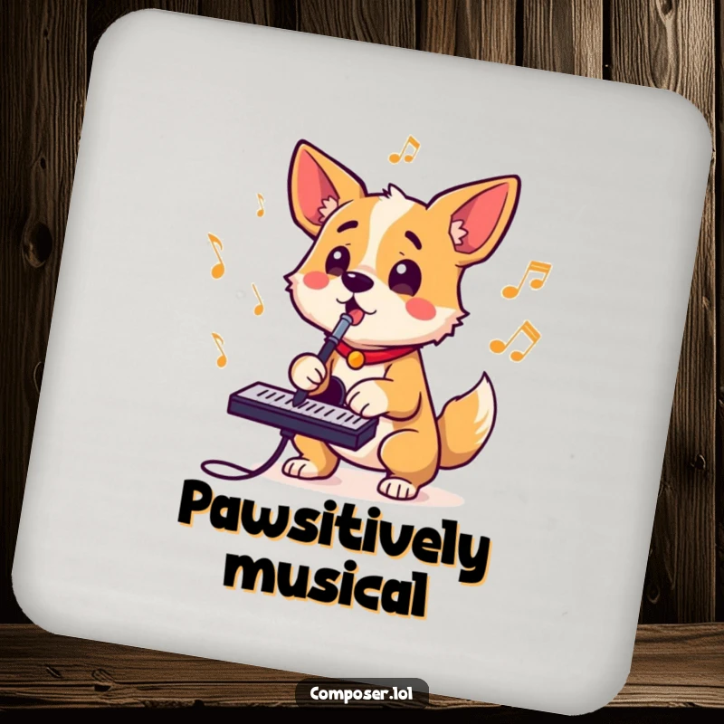 Funny coasters featuring a determined dog composer barking rhythms, tail wagging, adding humor to drink service.