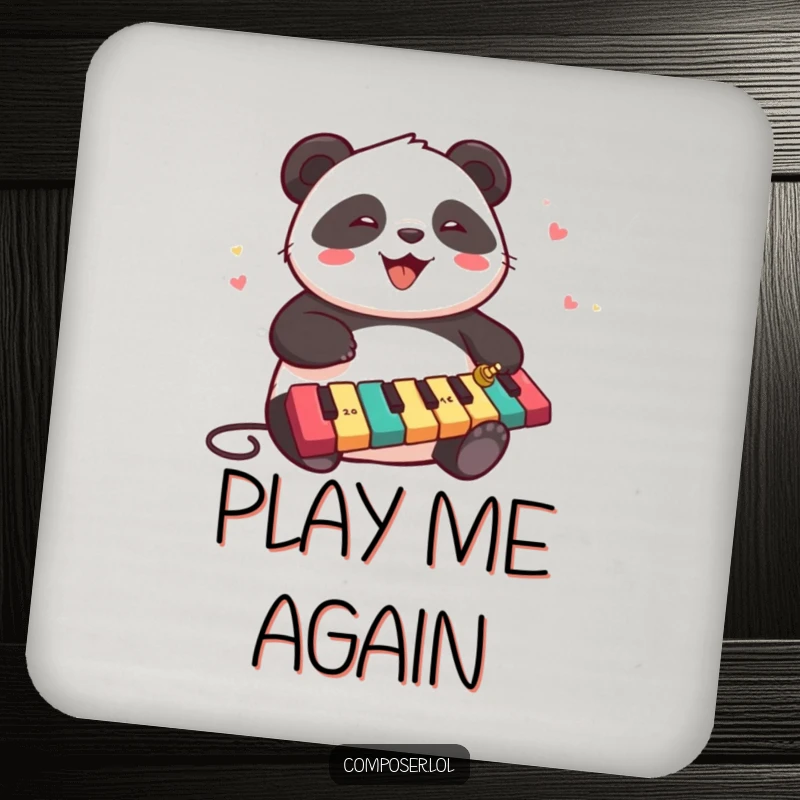 Funny chubby panda playing a xylophone on a set of drink coasters, bringing musical joy to any table.