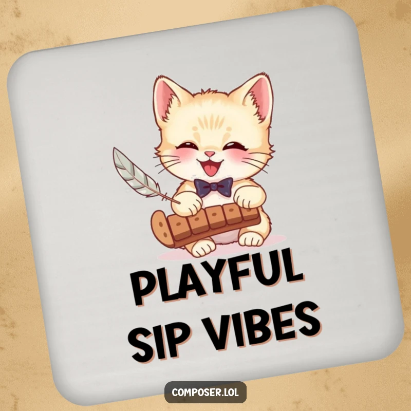 Funny drink coaster featuring a giggling kitten in a bow tie playing a xylophone with a feather, adding musical flair to surfaces.