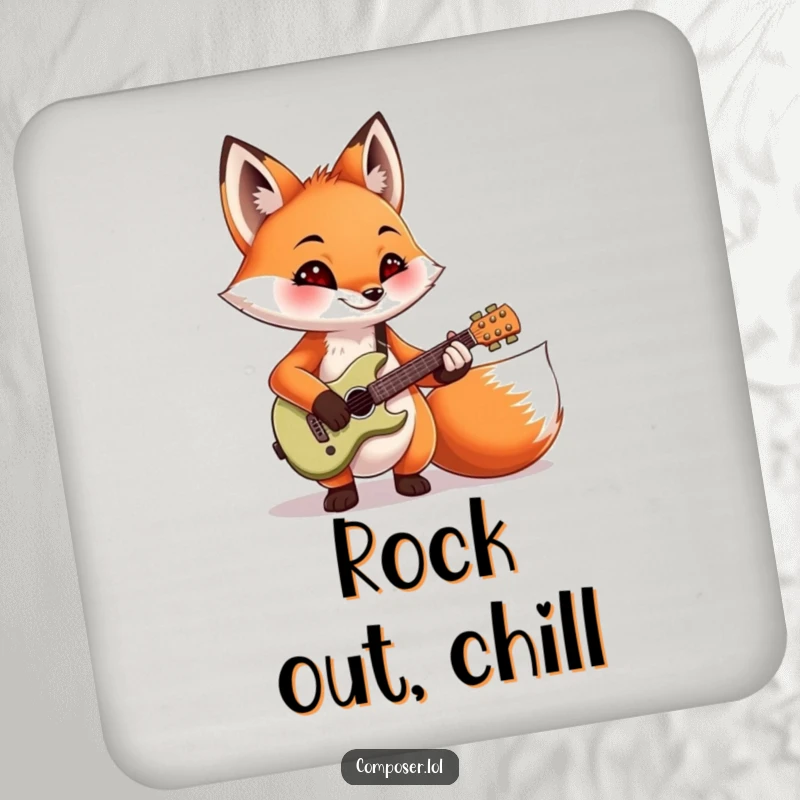 Funny, mischievous fox playing a miniature guitar, shown on a set of drink coasters. Ideal for protecting furniture.