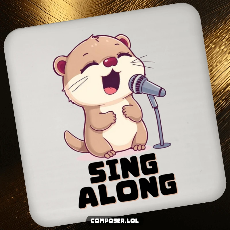 Funny sweet otter singing into a microphone on a set of drink coasters, bringing stage presence to any table.