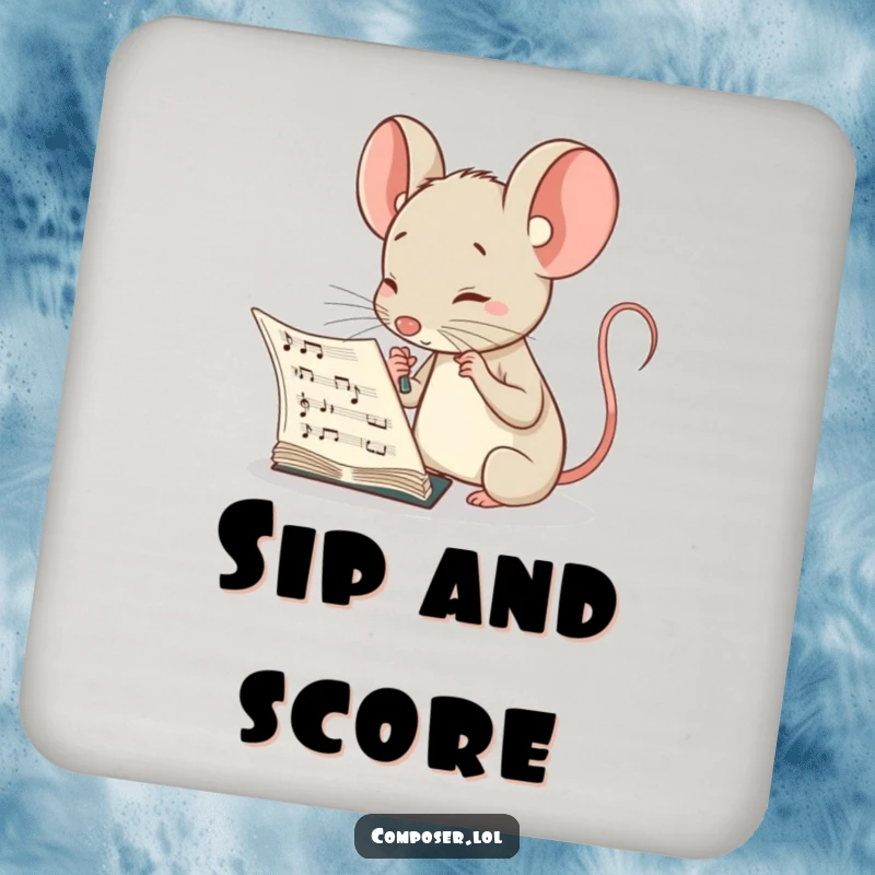 Funny coasters featuring a curious mouse composer peering intently at a musical score, adding intellectual humor to drink service.