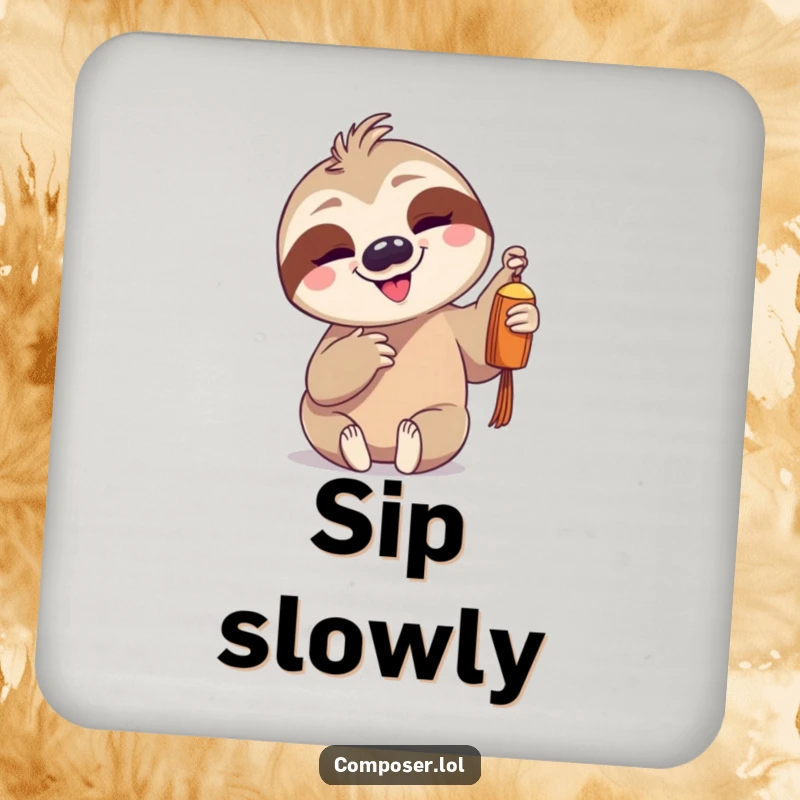 Funny goofy sloth gently tapping a single chime on a set of drink coasters, bringing gentle charm to any table.