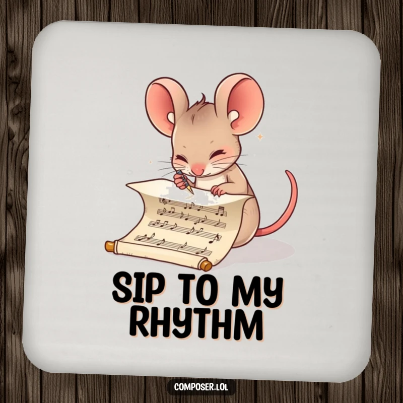 Funny Composer Mouse Music Coaster: Determined mouse writing musical notes on a scroll, protective and humorous accessory