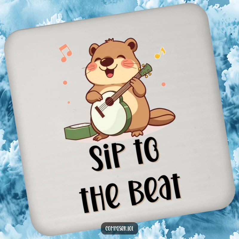 Funny drink coaster featuring a beaming beaver meticulously arranging musical instruments with precise, happy movements.