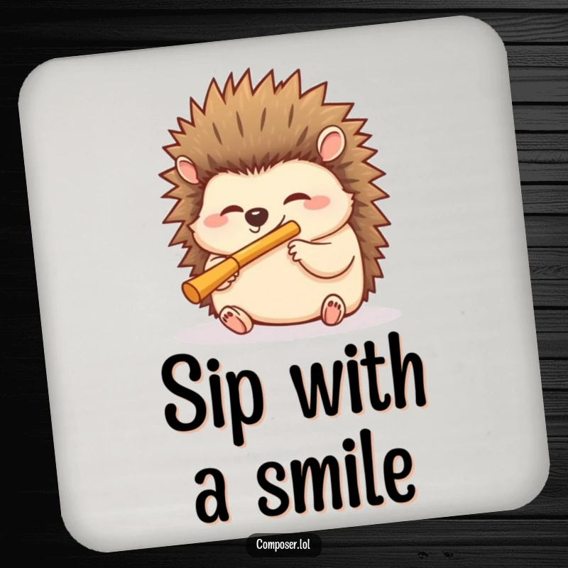 Funny hedgehog coaster featuring a giggling hedgehog blowing into a miniature flute, a humorous and protective tabletop accessory.