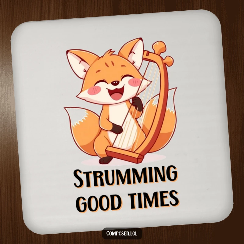 Funny joyful fox playing a grand chord on a harp, depicted on a drink coaster.