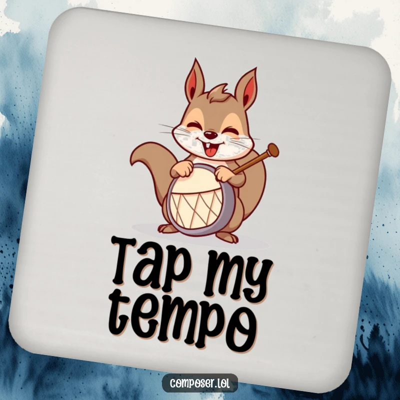 Funny squirrel drummer coasters, featuring a mischievous squirrel playing a drum, protecting surfaces with musical humor.