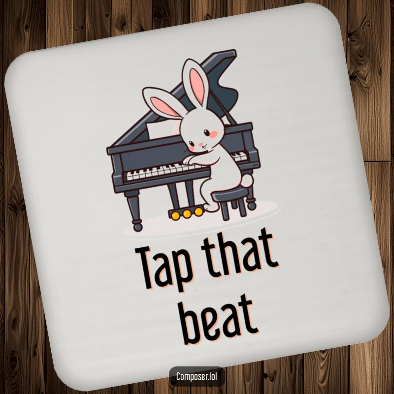 Funny drink coaster showing a playful rabbit with big ears tapping the keys of a grand piano, perfect for tabletops.