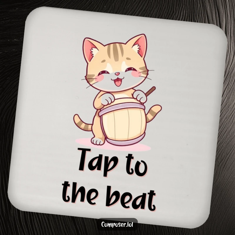 Funny drink coaster with a playful cat drummer, protecting surfaces with musical flair.