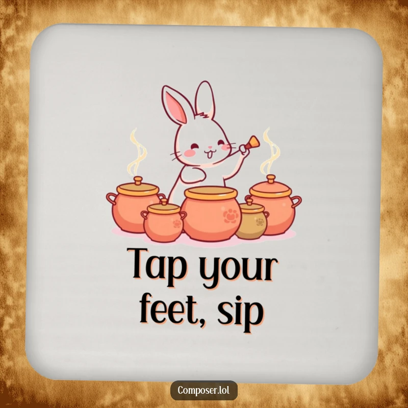 Funny Rabbit Drummer Drink Coaster, showing a happy rabbit tapping a rhythm on a collection of pots.