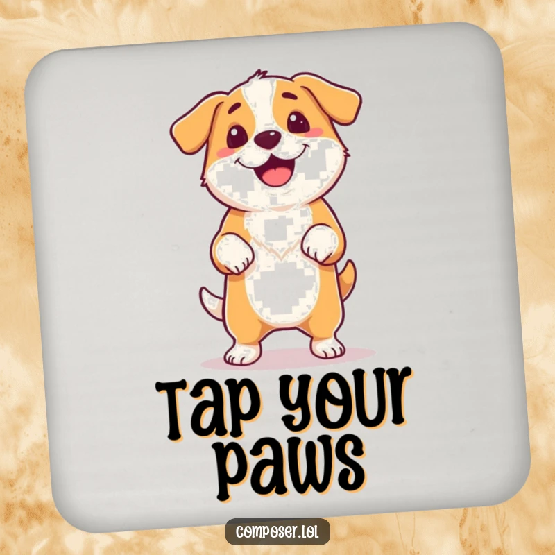 Funny proud dog tapping its foot rhythmically, tail wagging, on a drink coaster.