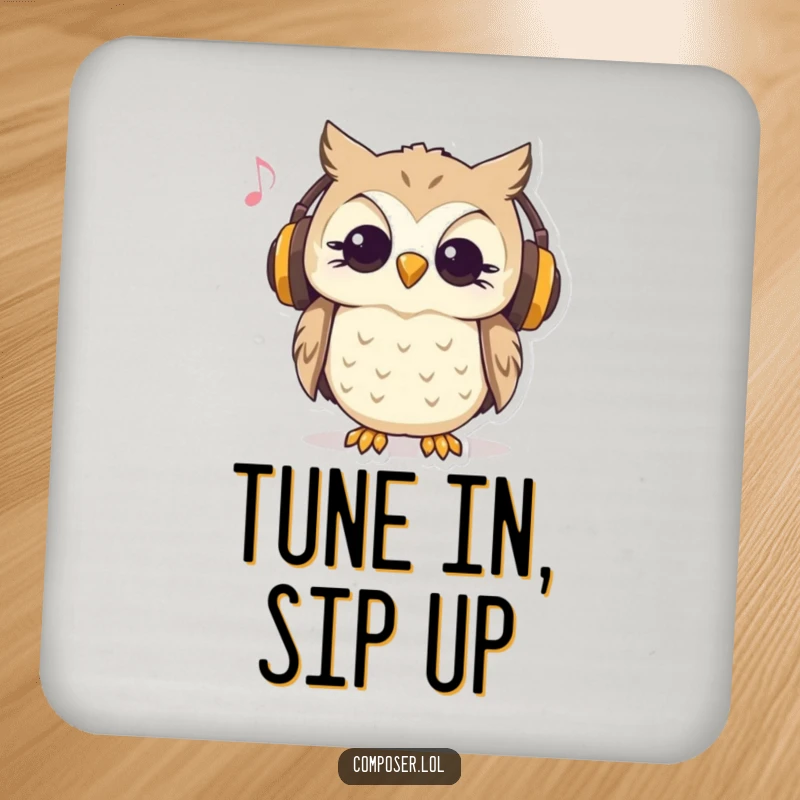 Funny drink coaster with a curious owl wearing headphones and nodding to music, protecting surfaces humorously.