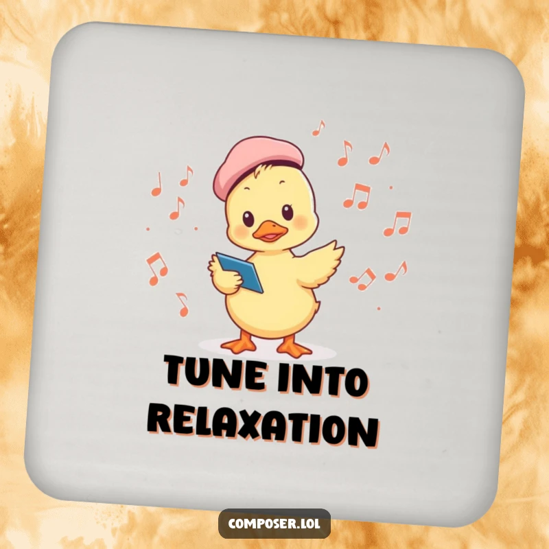 Funny drink coaster showcasing a duckling conductor in a beret leading musical notes, offering protection with whimsical charm.