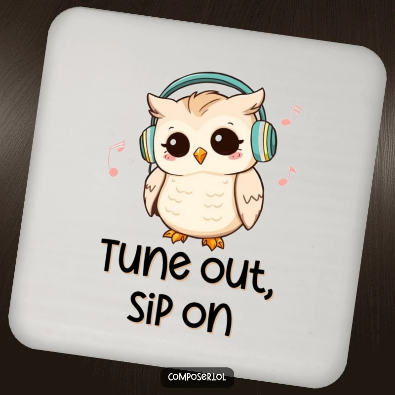 Funny Owl DJ Drink Coaster: a cute owl wears headphones and nods rhythmically, a humorous table accessory.