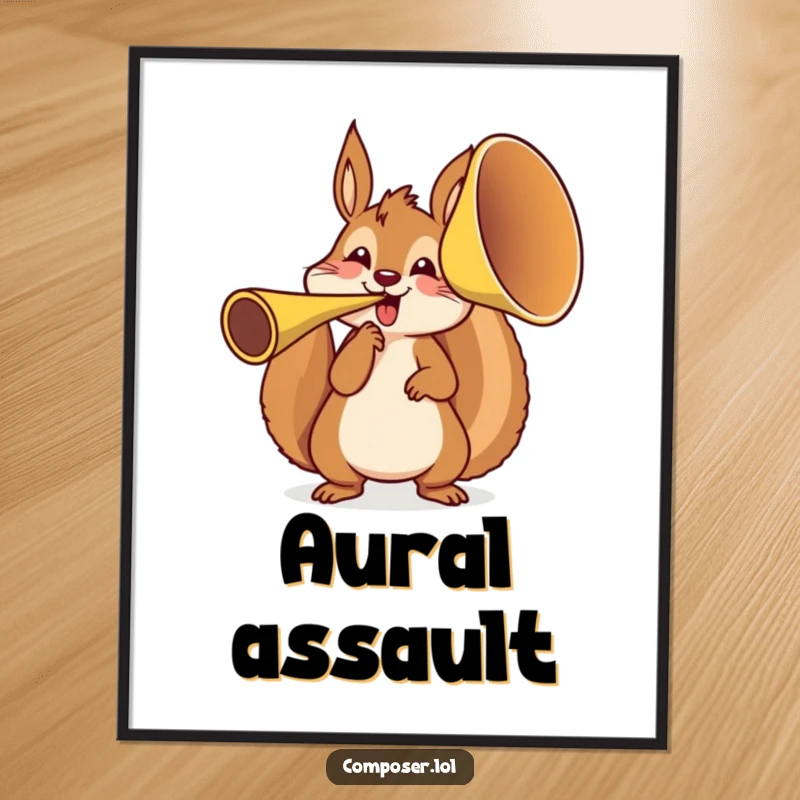 Funny squirrel musician energetically playing a massive French horn, showcased on a high-quality poster for vibrant wall decor.